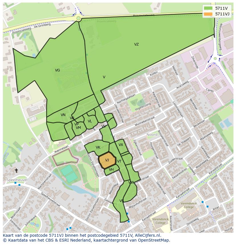 Afbeelding van het postcodegebied 5711 VJ op de kaart.