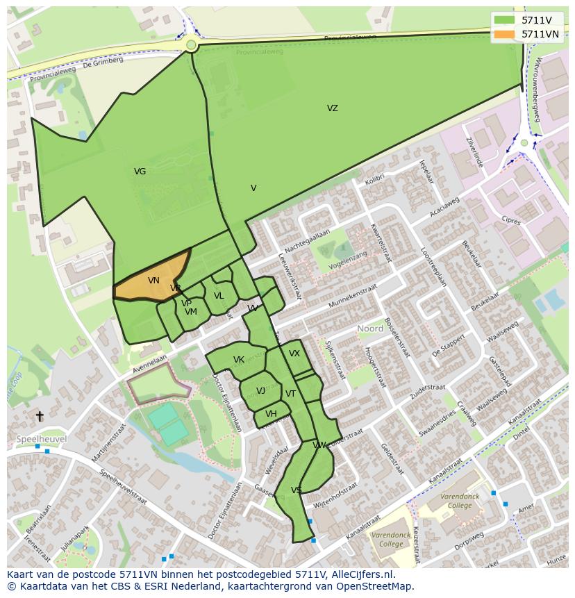 Afbeelding van het postcodegebied 5711 VN op de kaart.