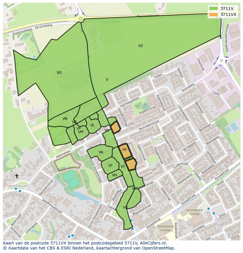 Afbeelding van het postcodegebied 5711 VX op de kaart.