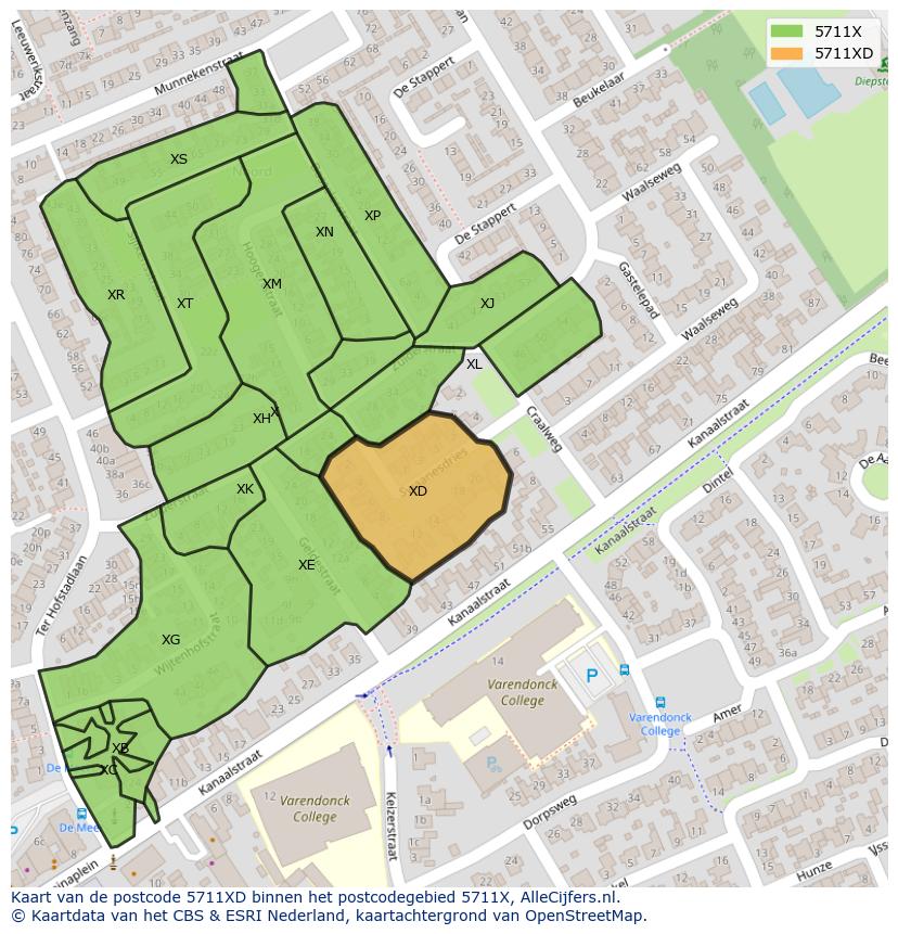 Afbeelding van het postcodegebied 5711 XD op de kaart.