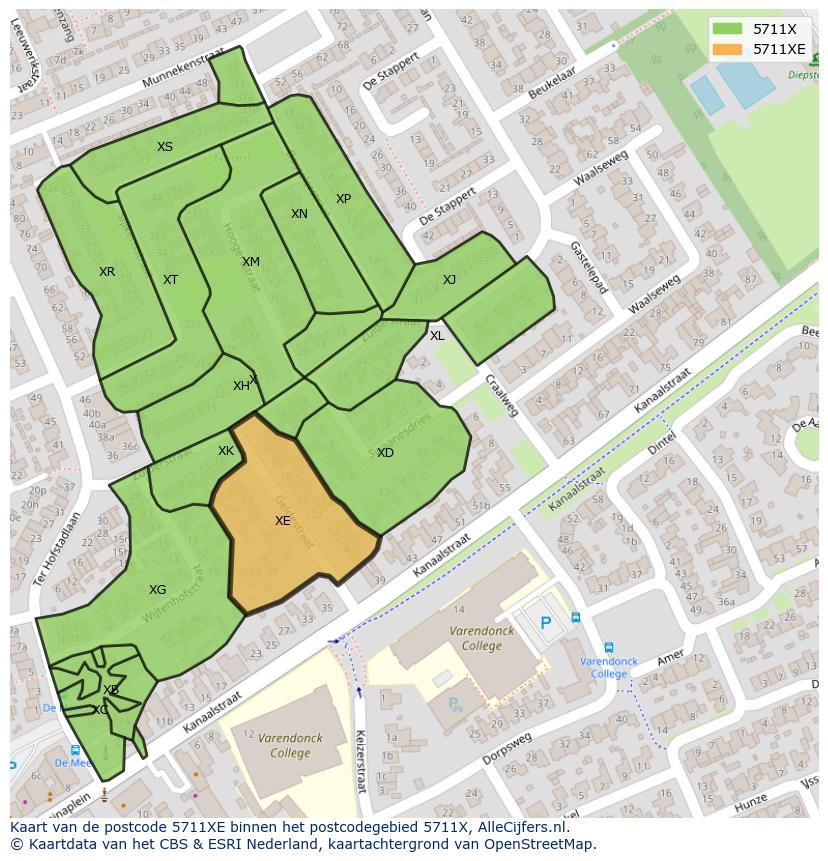 Afbeelding van het postcodegebied 5711 XE op de kaart.