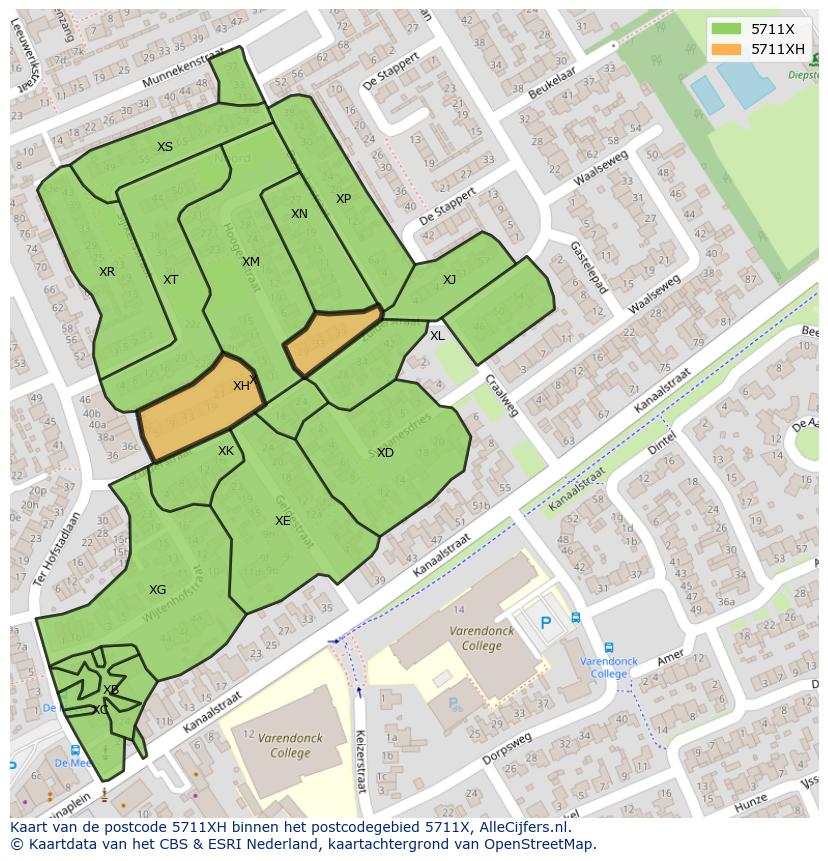 Afbeelding van het postcodegebied 5711 XH op de kaart.