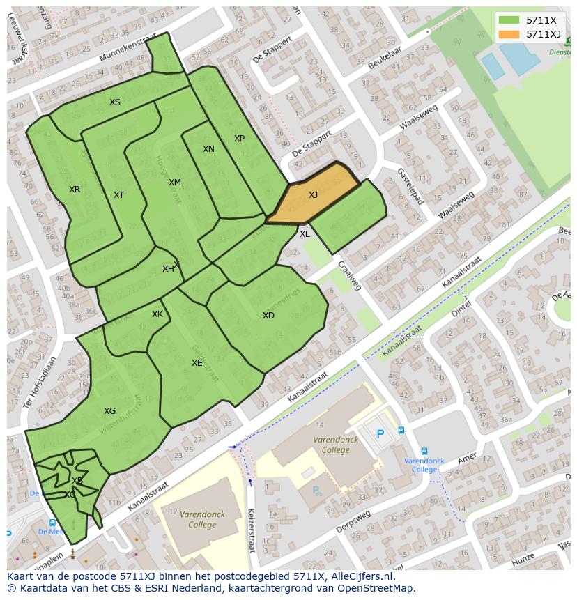 Afbeelding van het postcodegebied 5711 XJ op de kaart.