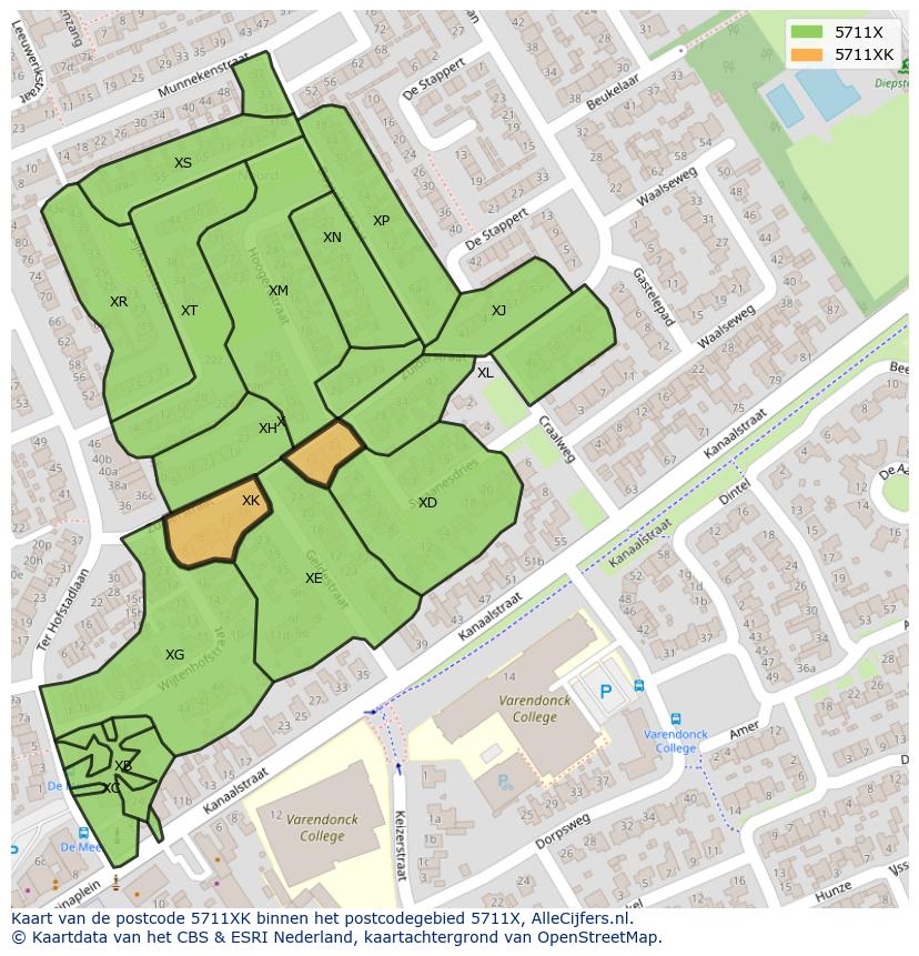 Afbeelding van het postcodegebied 5711 XK op de kaart.