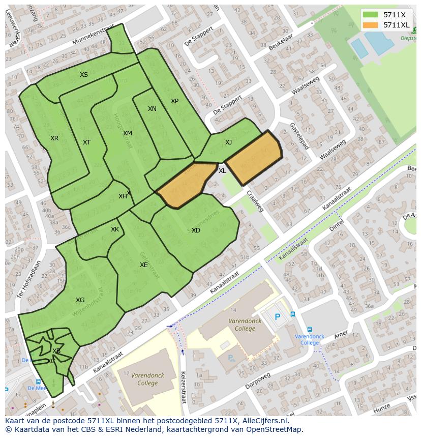 Afbeelding van het postcodegebied 5711 XL op de kaart.