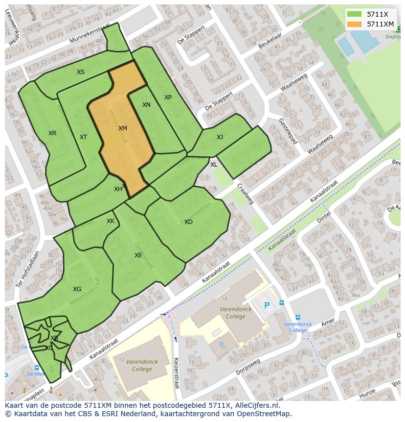 Afbeelding van het postcodegebied 5711 XM op de kaart.
