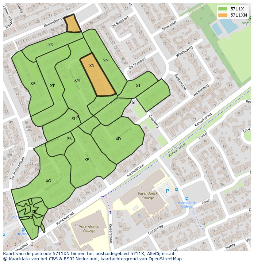 Afbeelding van het postcodegebied 5711 XN op de kaart.