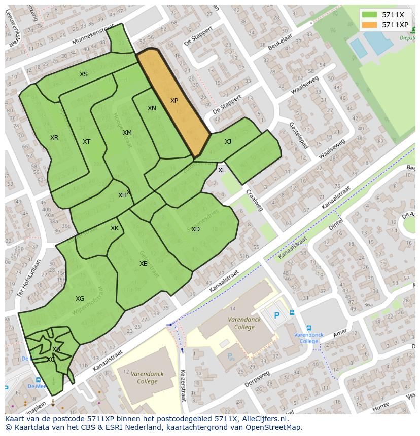 Afbeelding van het postcodegebied 5711 XP op de kaart.