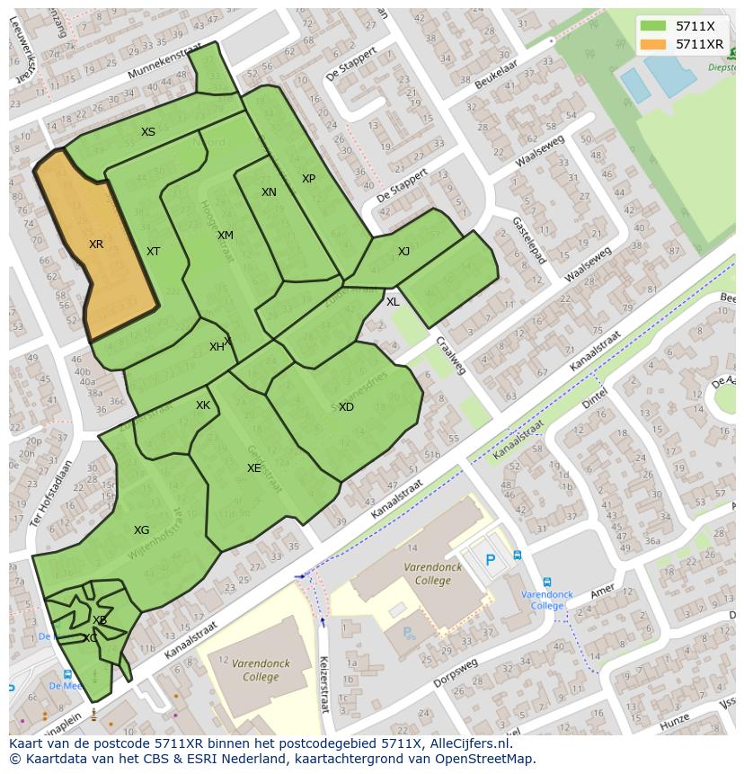 Afbeelding van het postcodegebied 5711 XR op de kaart.