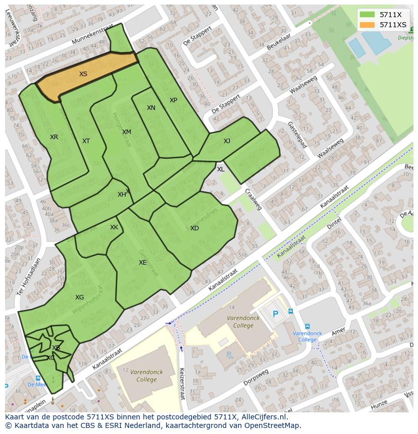 Afbeelding van het postcodegebied 5711 XS op de kaart.