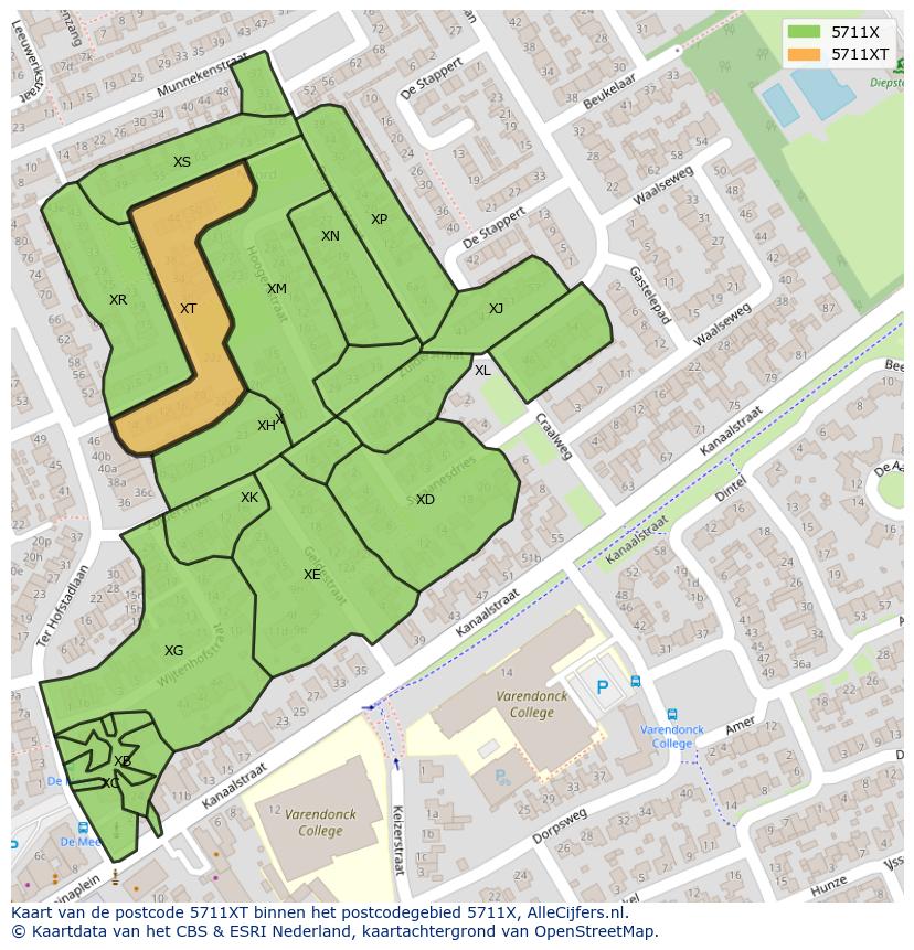 Afbeelding van het postcodegebied 5711 XT op de kaart.