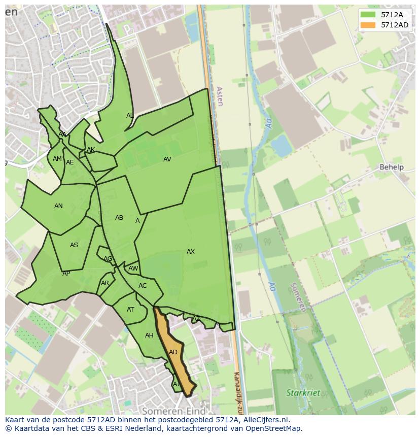 Afbeelding van het postcodegebied 5712 AD op de kaart.