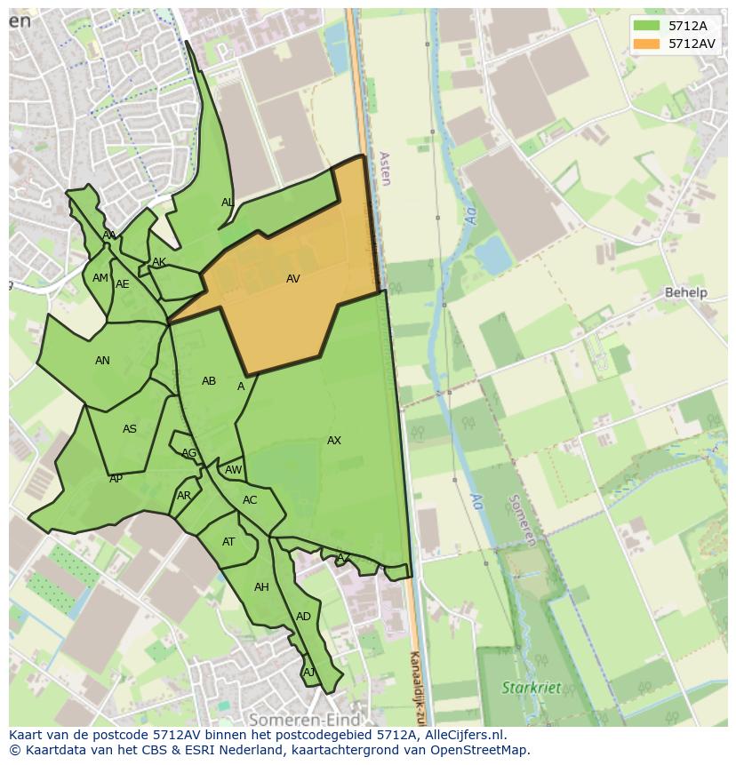 Afbeelding van het postcodegebied 5712 AV op de kaart.
