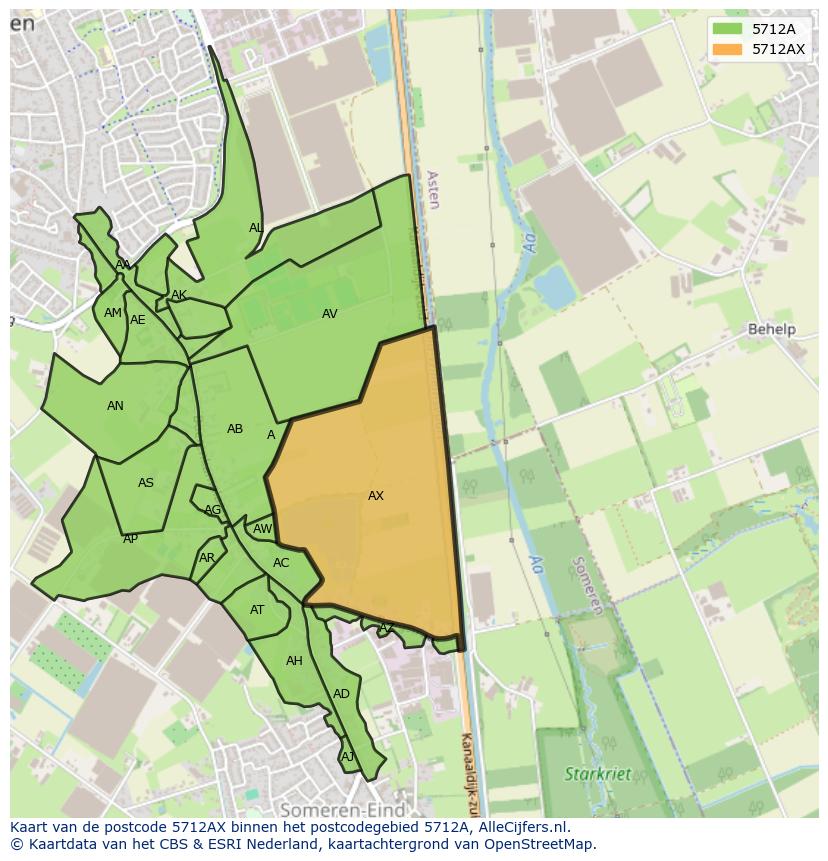 Afbeelding van het postcodegebied 5712 AX op de kaart.