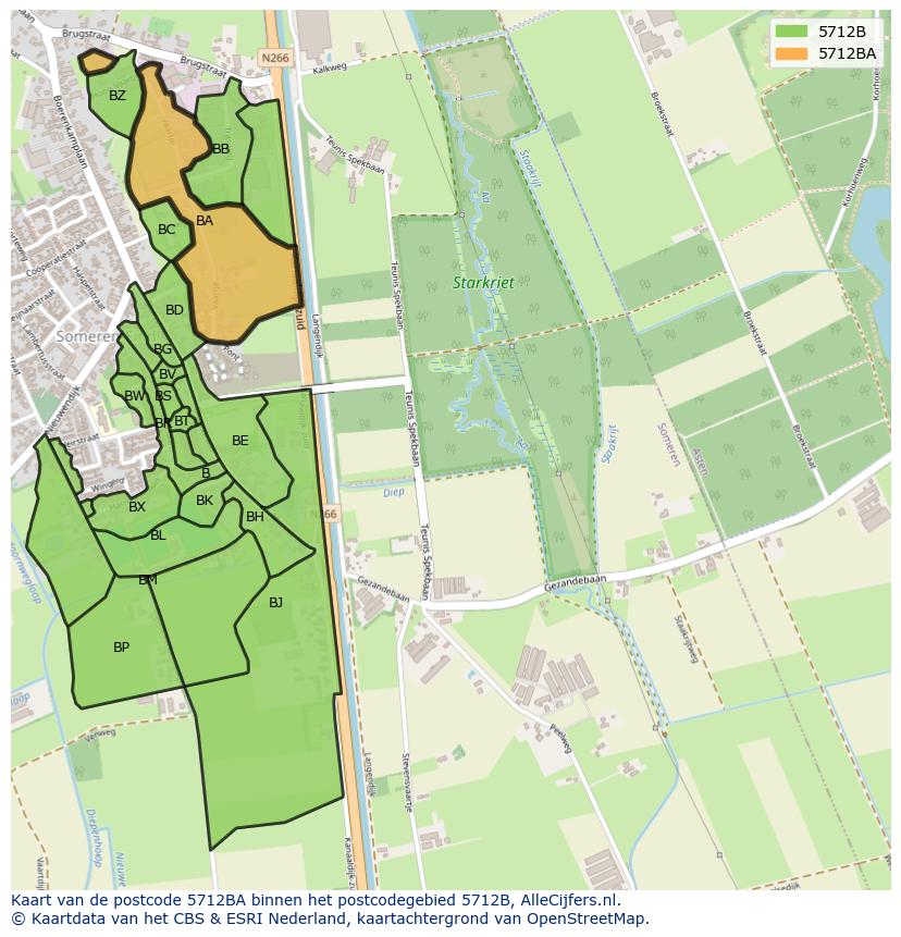 Afbeelding van het postcodegebied 5712 BA op de kaart.