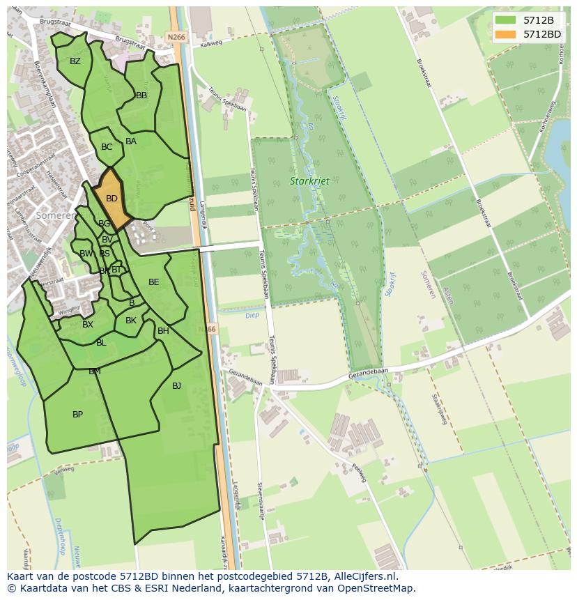 Afbeelding van het postcodegebied 5712 BD op de kaart.