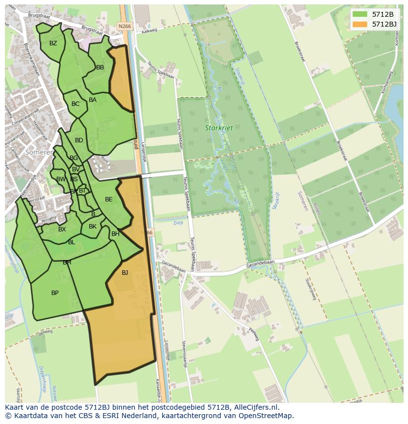 Afbeelding van het postcodegebied 5712 BJ op de kaart.