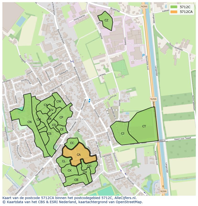 Afbeelding van het postcodegebied 5712 CA op de kaart.