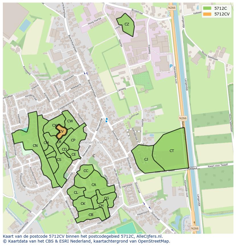 Afbeelding van het postcodegebied 5712 CV op de kaart.
