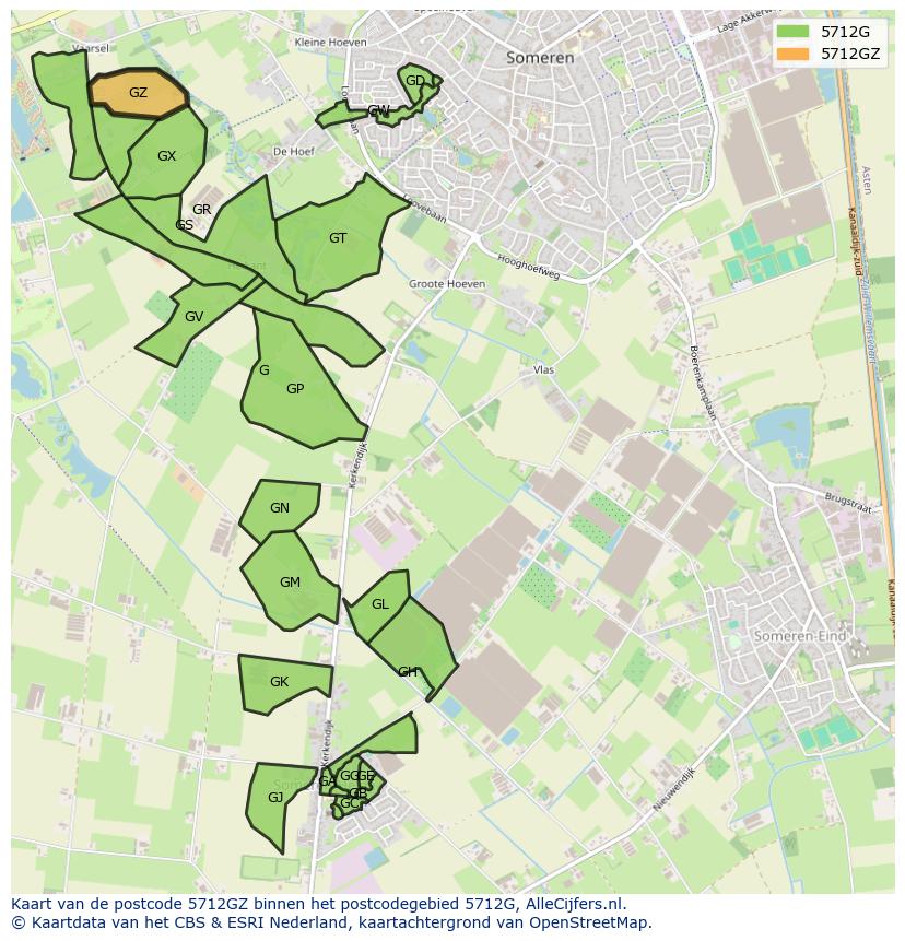 Afbeelding van het postcodegebied 5712 GZ op de kaart.