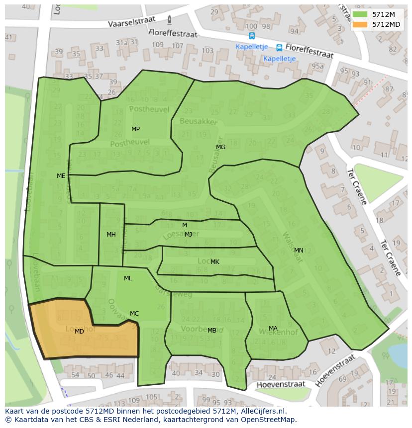 Afbeelding van het postcodegebied 5712 MD op de kaart.