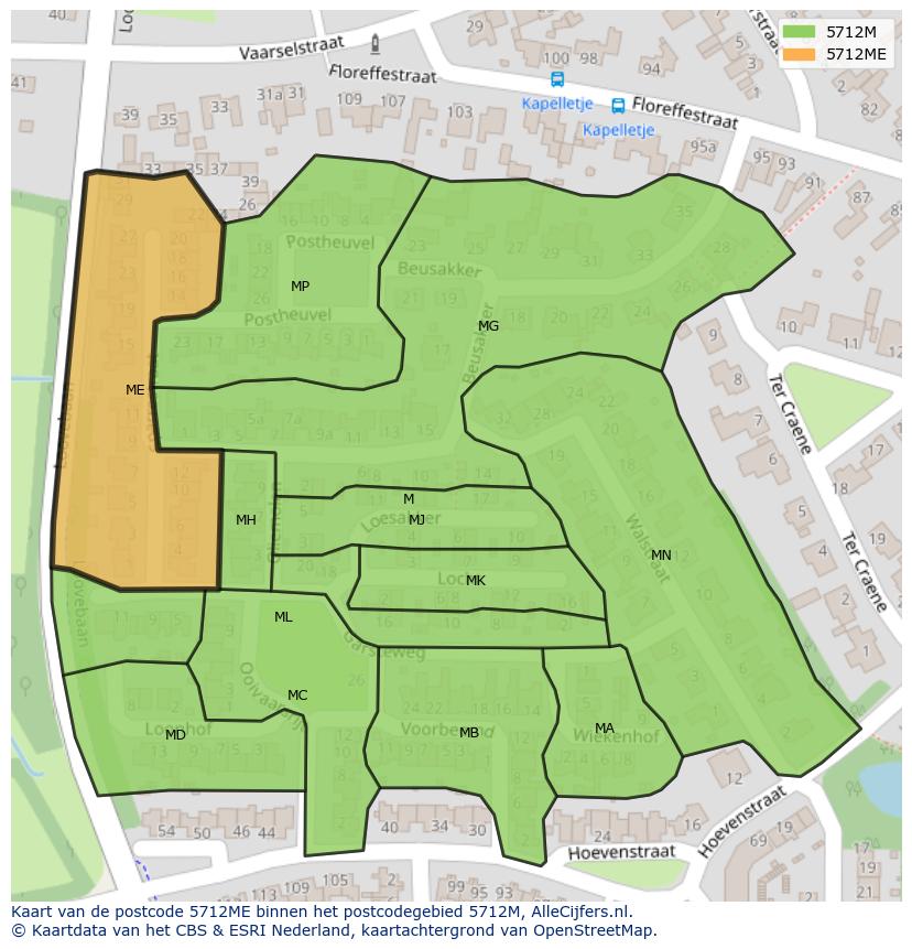 Afbeelding van het postcodegebied 5712 ME op de kaart.