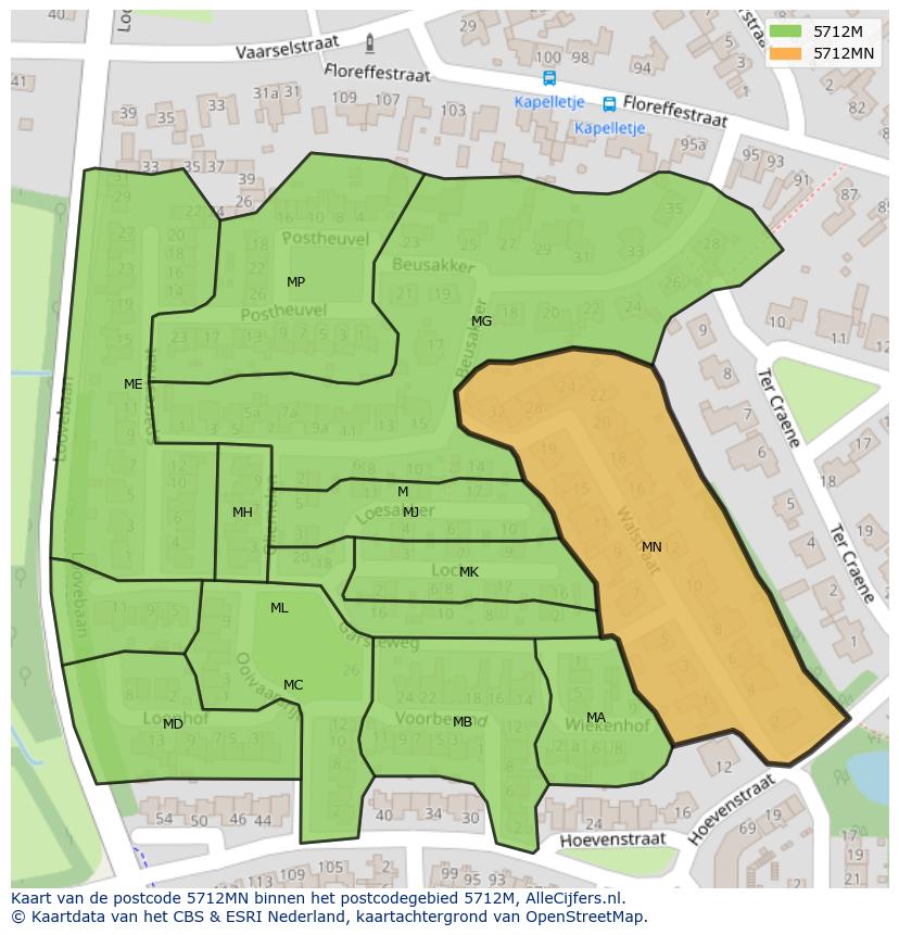 Afbeelding van het postcodegebied 5712 MN op de kaart.