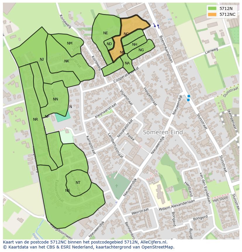 Afbeelding van het postcodegebied 5712 NC op de kaart.