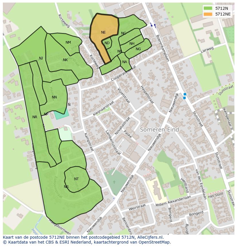 Afbeelding van het postcodegebied 5712 NE op de kaart.