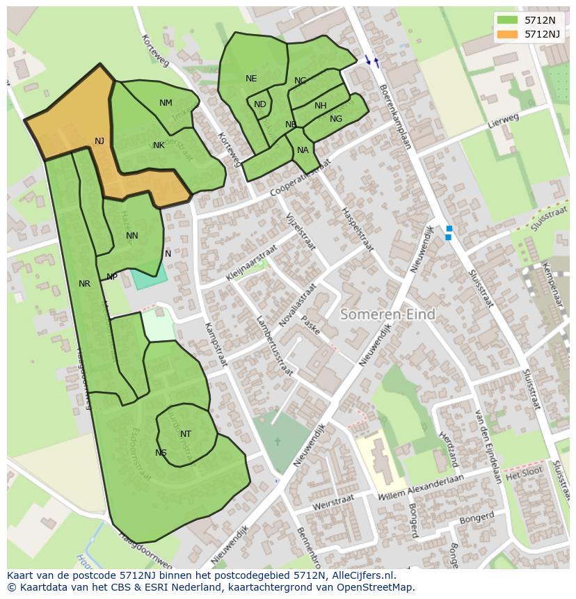 Afbeelding van het postcodegebied 5712 NJ op de kaart.