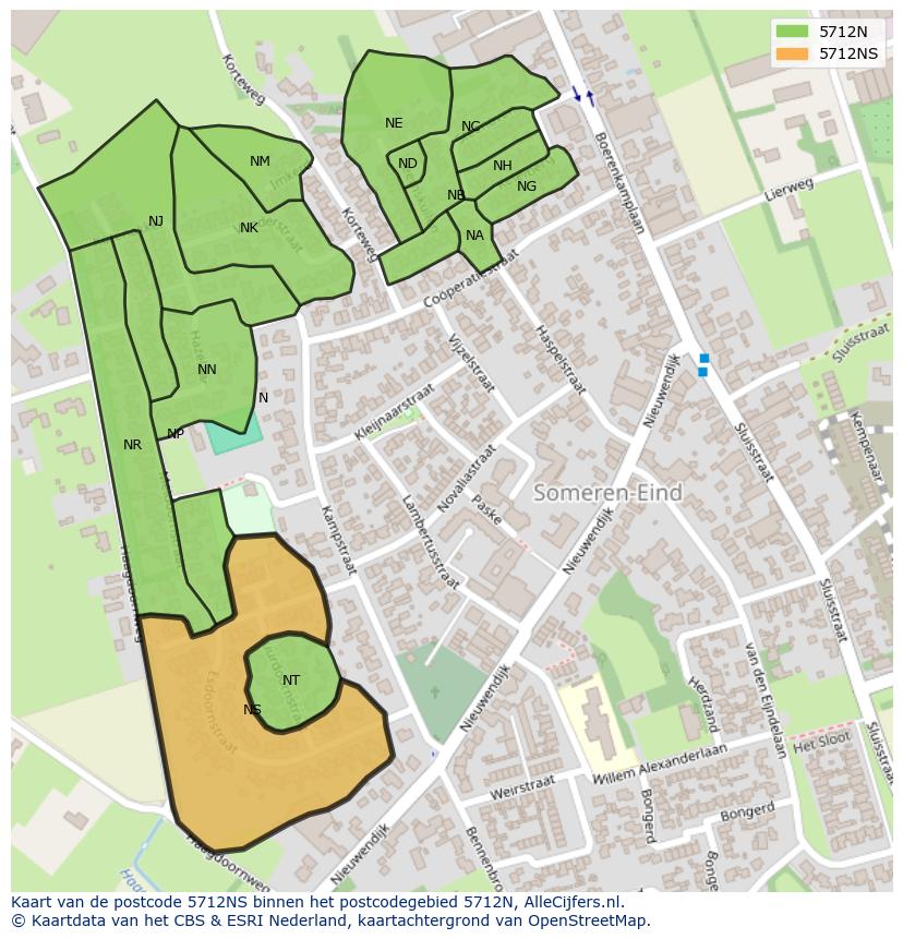 Afbeelding van het postcodegebied 5712 NS op de kaart.