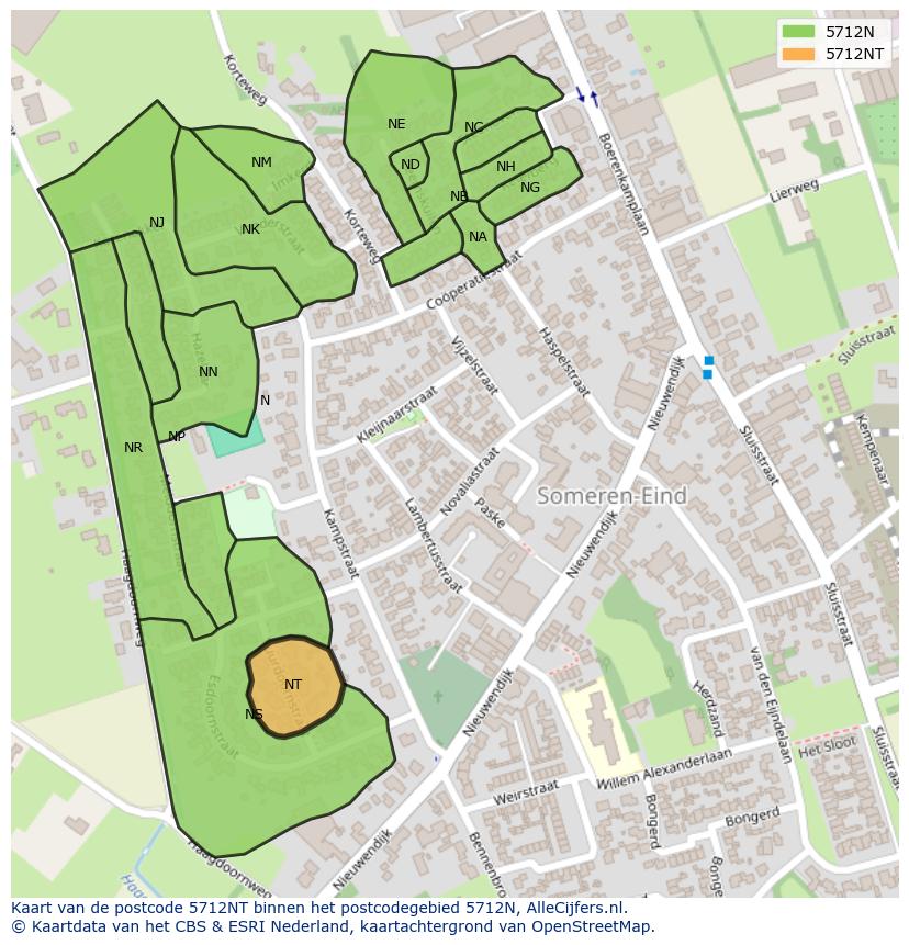Afbeelding van het postcodegebied 5712 NT op de kaart.