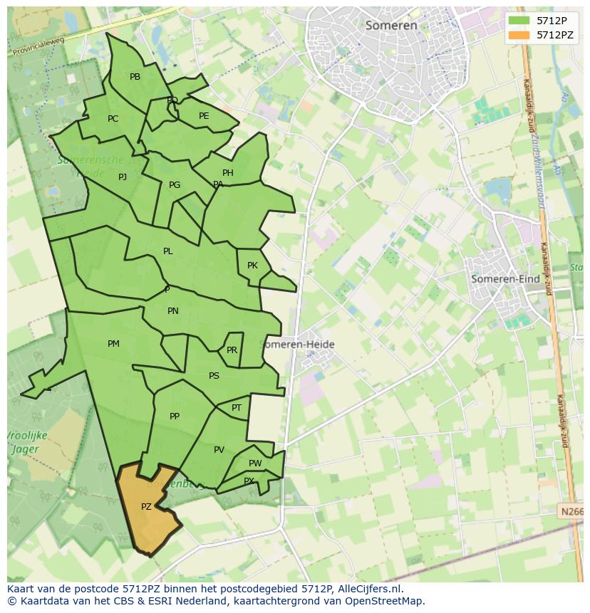 Afbeelding van het postcodegebied 5712 PZ op de kaart.