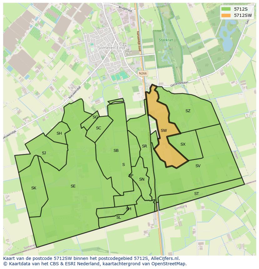 Afbeelding van het postcodegebied 5712 SW op de kaart.