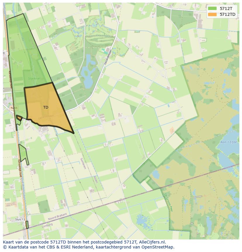Afbeelding van het postcodegebied 5712 TD op de kaart.