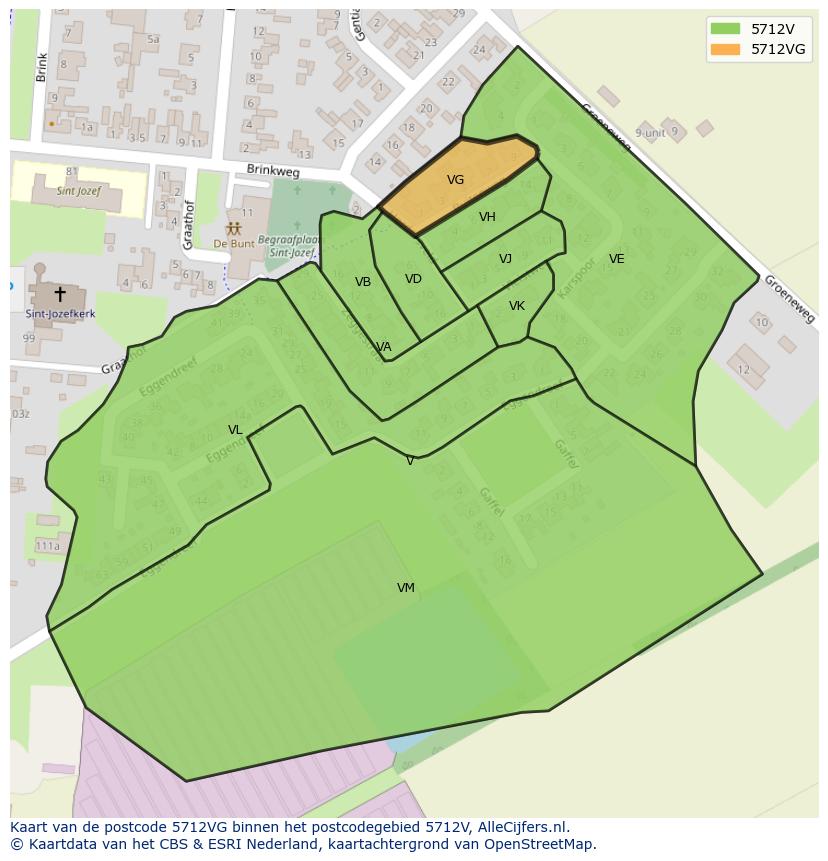 Afbeelding van het postcodegebied 5712 VG op de kaart.