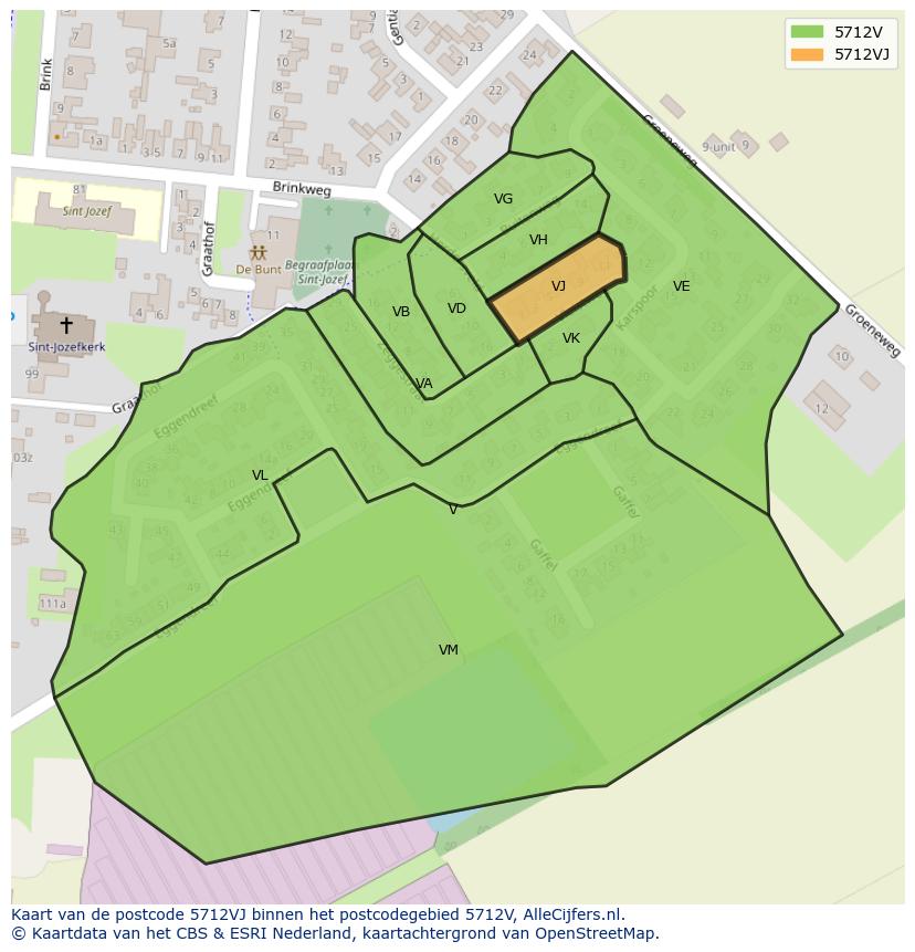 Afbeelding van het postcodegebied 5712 VJ op de kaart.
