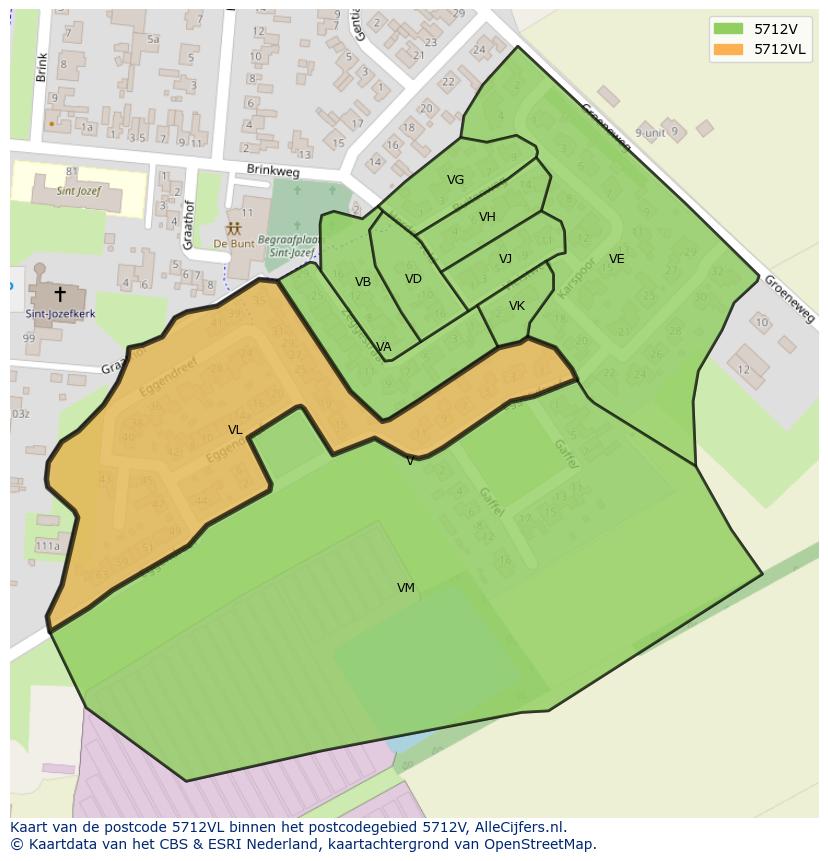 Afbeelding van het postcodegebied 5712 VL op de kaart.
