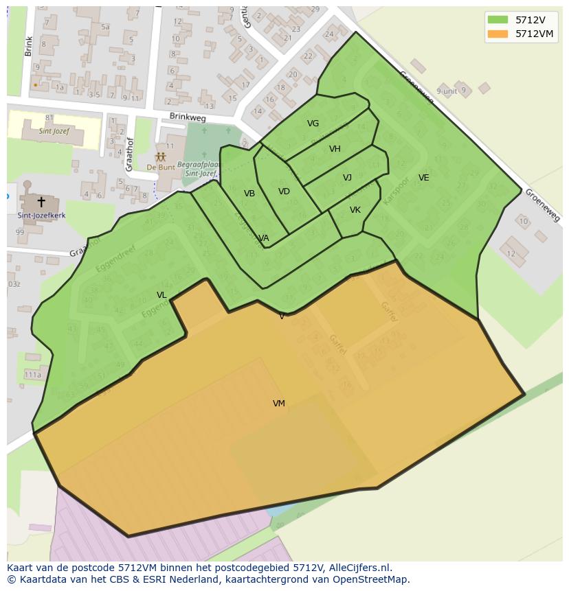 Afbeelding van het postcodegebied 5712 VM op de kaart.