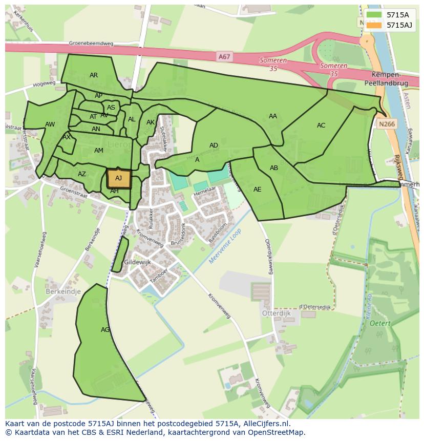 Afbeelding van het postcodegebied 5715 AJ op de kaart.