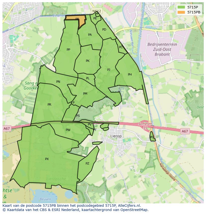 Afbeelding van het postcodegebied 5715 PB op de kaart.