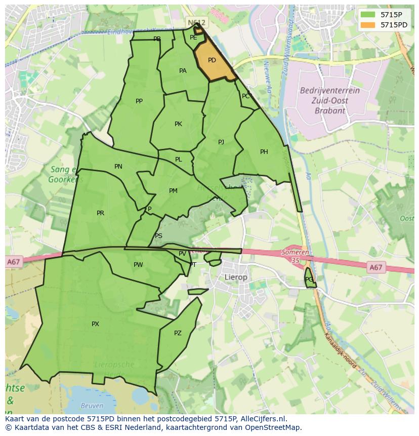 Afbeelding van het postcodegebied 5715 PD op de kaart.