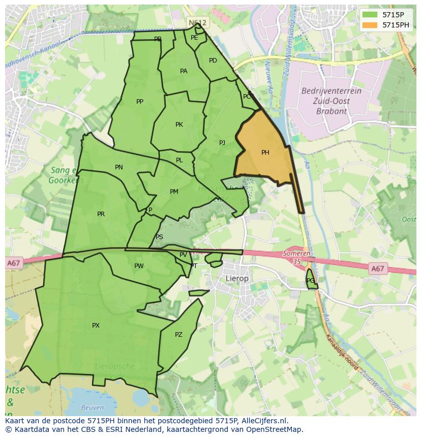 Afbeelding van het postcodegebied 5715 PH op de kaart.