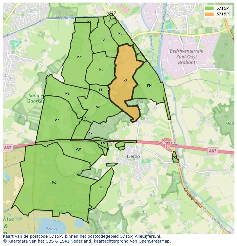 Afbeelding van het postcodegebied 5715 PJ op de kaart.