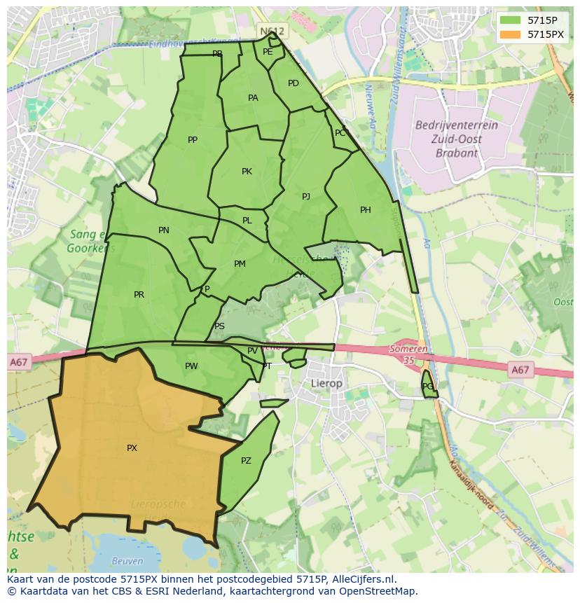 Afbeelding van het postcodegebied 5715 PX op de kaart.