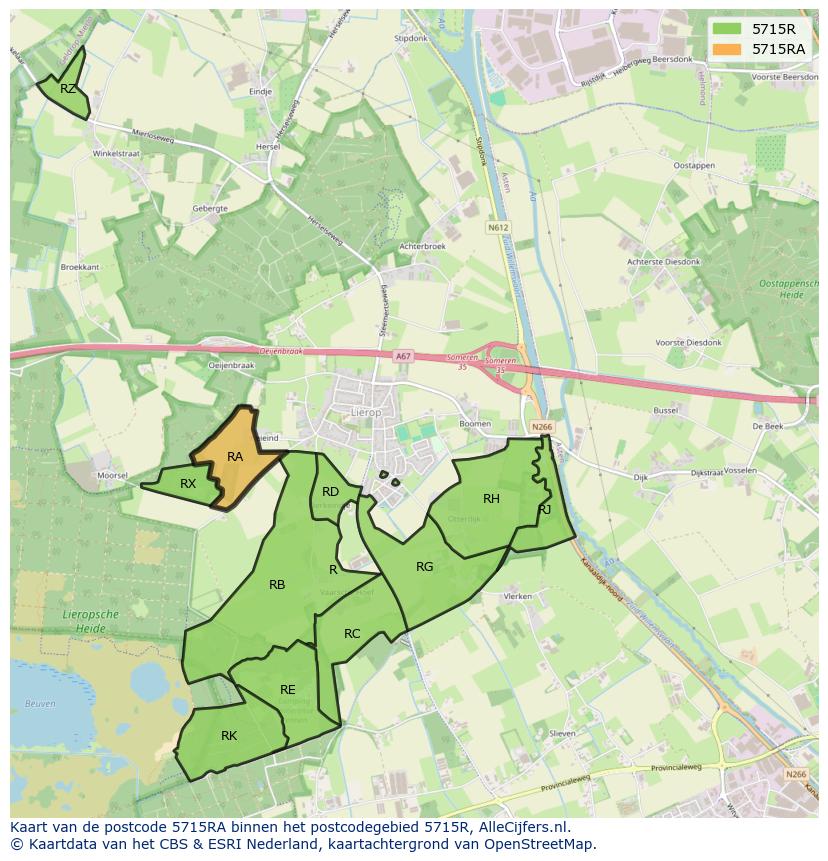 Afbeelding van het postcodegebied 5715 RA op de kaart.