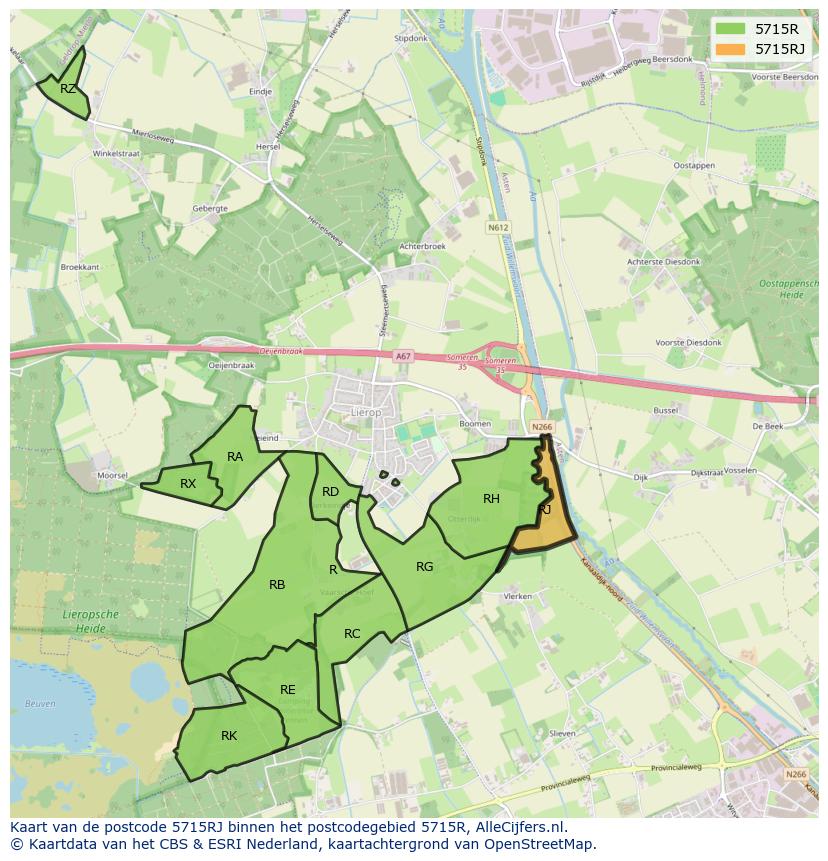 Afbeelding van het postcodegebied 5715 RJ op de kaart.