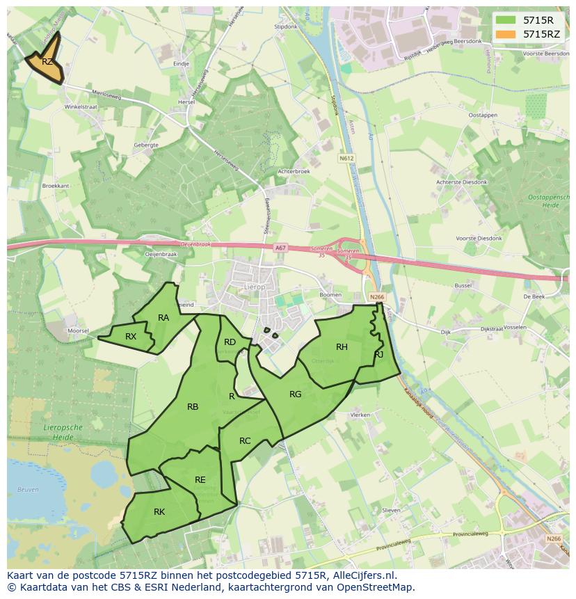 Afbeelding van het postcodegebied 5715 RZ op de kaart.
