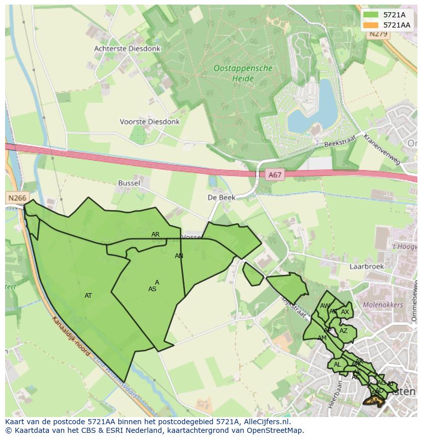 Afbeelding van het postcodegebied 5721 AA op de kaart.