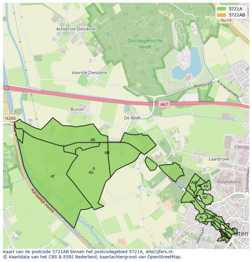 Afbeelding van het postcodegebied 5721 AB op de kaart.